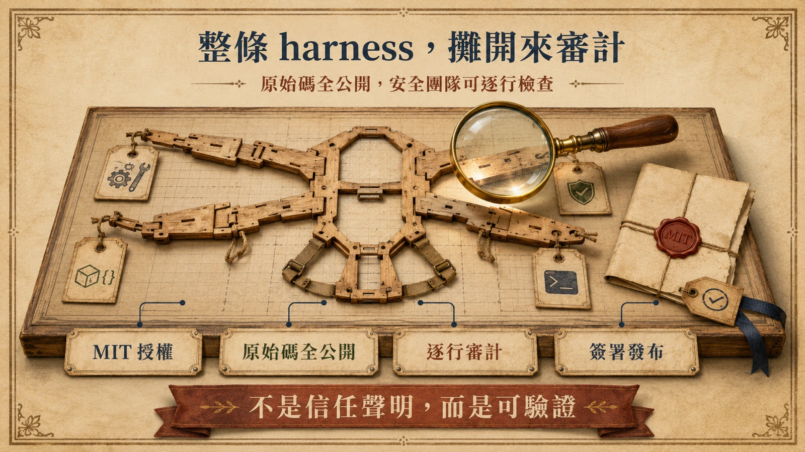 攤開在審查桌上的智能體骨架與掛著的工具卡,一旁放著蓋章的授權文件與放大鏡,示意開源原始碼可以逐行檢視。
