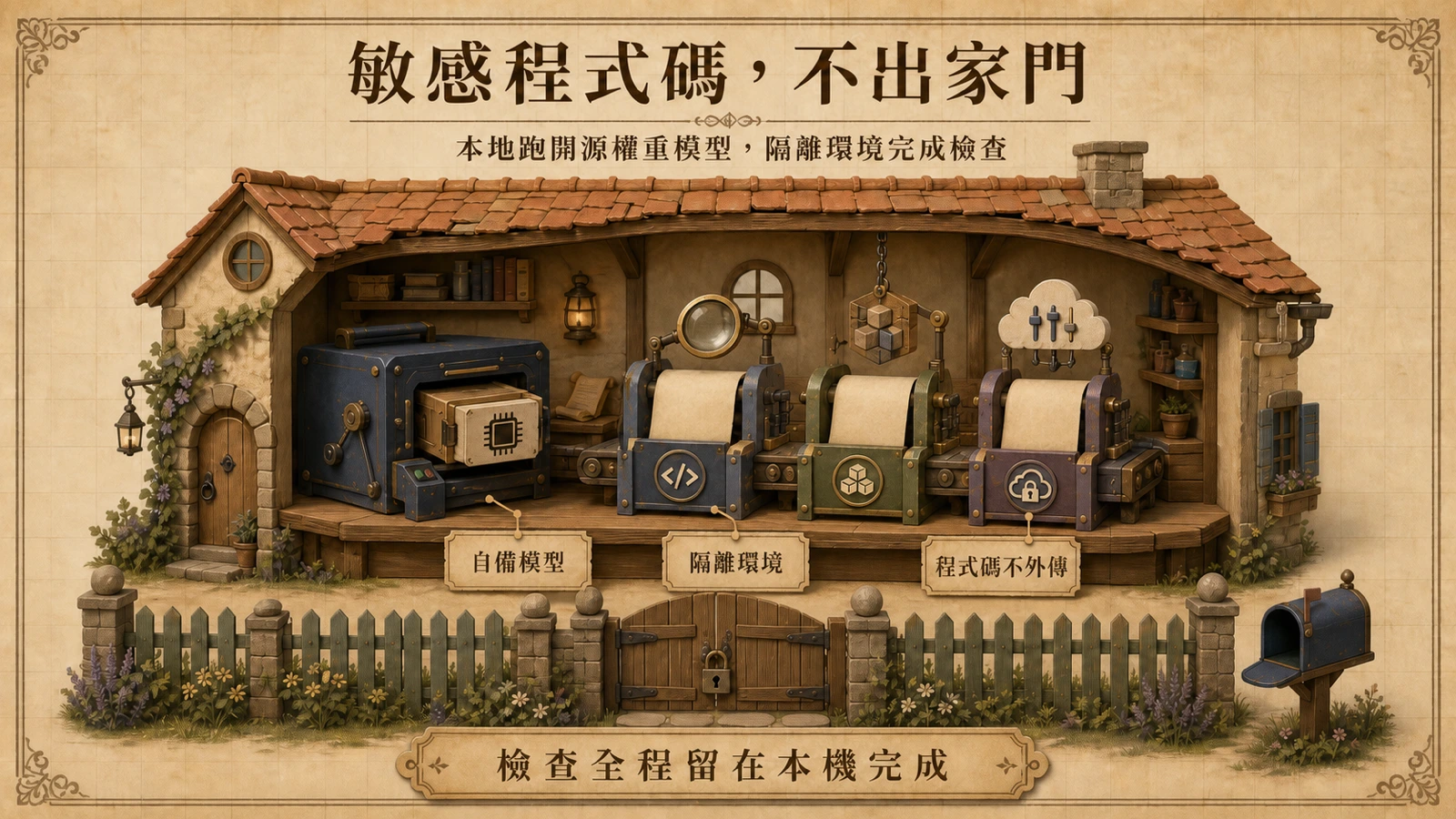 一間剖開的小屋工作坊,屋內桌機上的模型卡正在檢查程式碼卷軸,圍籬大門深鎖,示意敏感程式碼在本地完成檢查、不外傳。