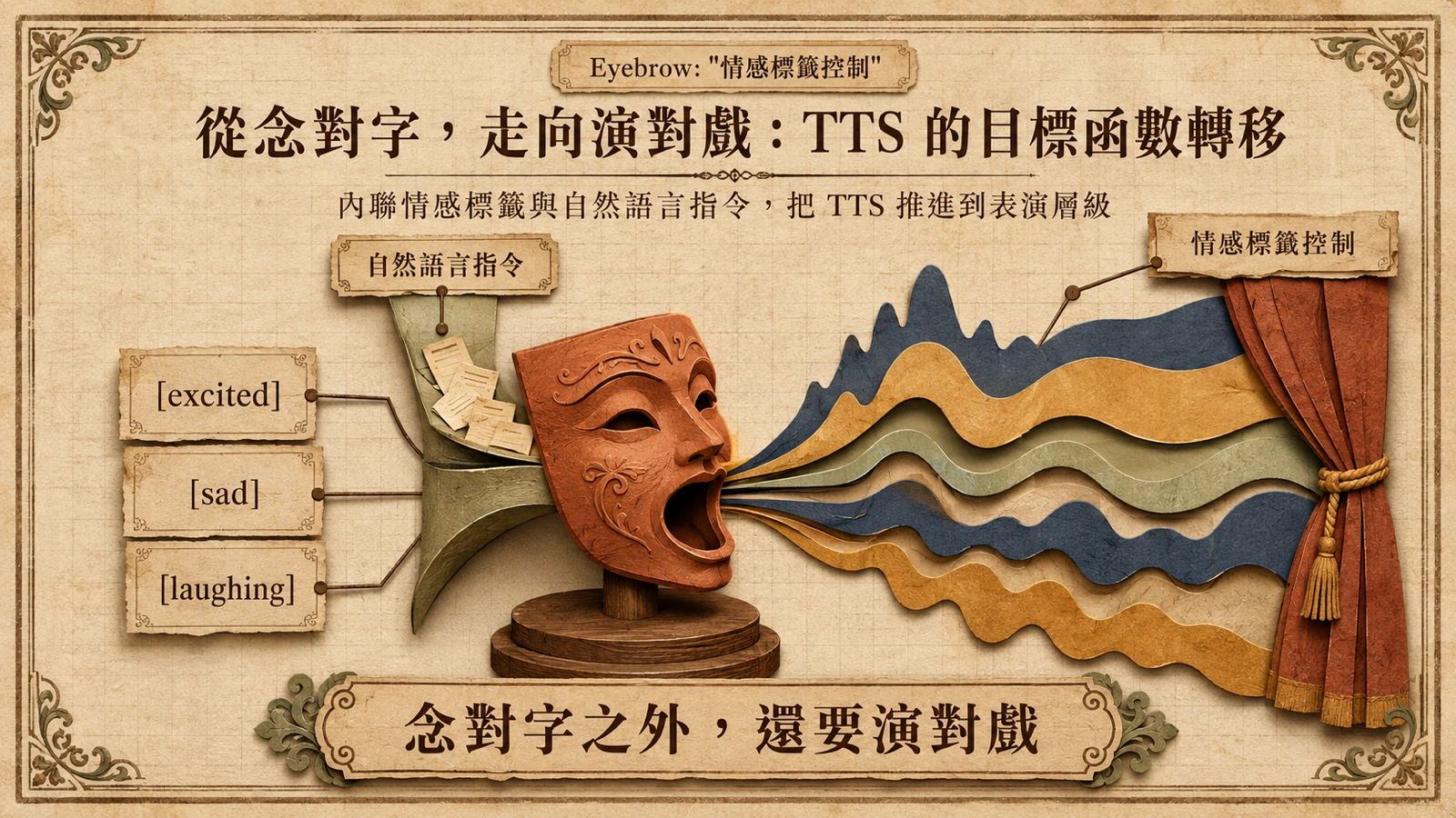 情感標籤與自然語言指令控制 TTS 的語氣，使語音從正確朗讀進一步表達情緒。