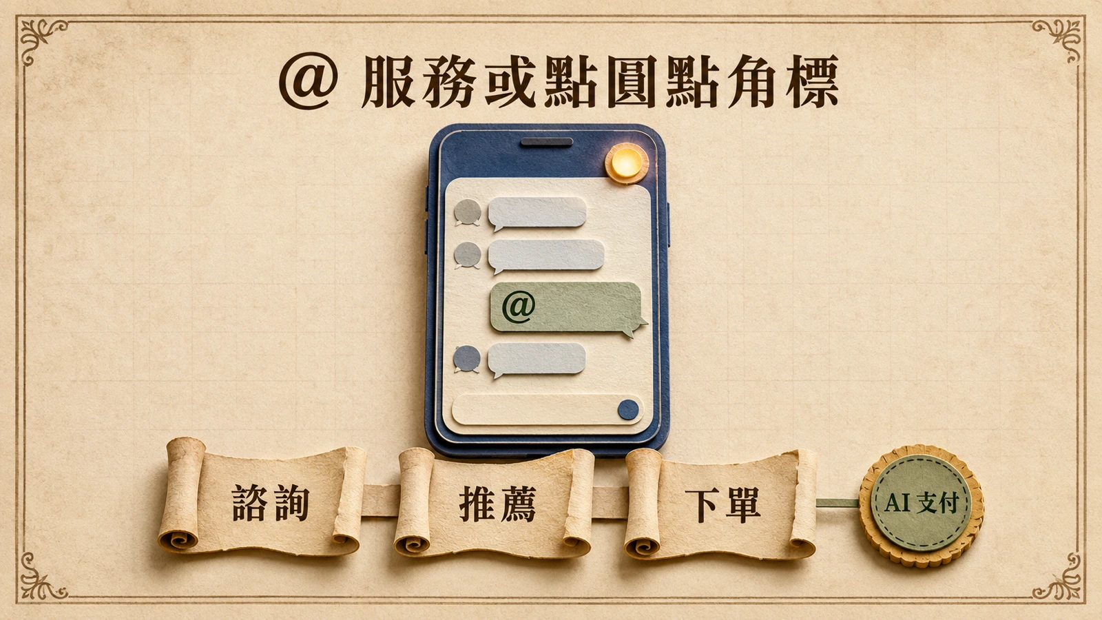 圖① 用戶在對話中 @ 服務或點擊圓點角標進入智能體,走完諮詢、推薦到下單,AI 支付補上最後一哩。