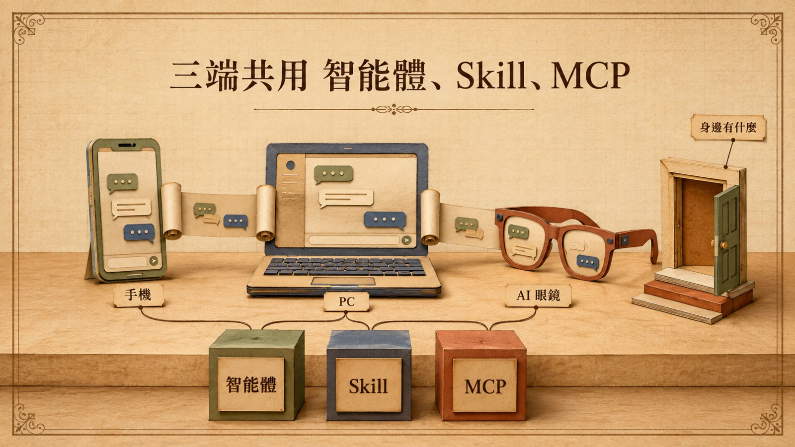 圖② 手機、PC、AI 眼鏡三端共用同一套智能體、Skill、MCP 接入;AI 眼鏡端甚至可用自然語言訂製 Skill。