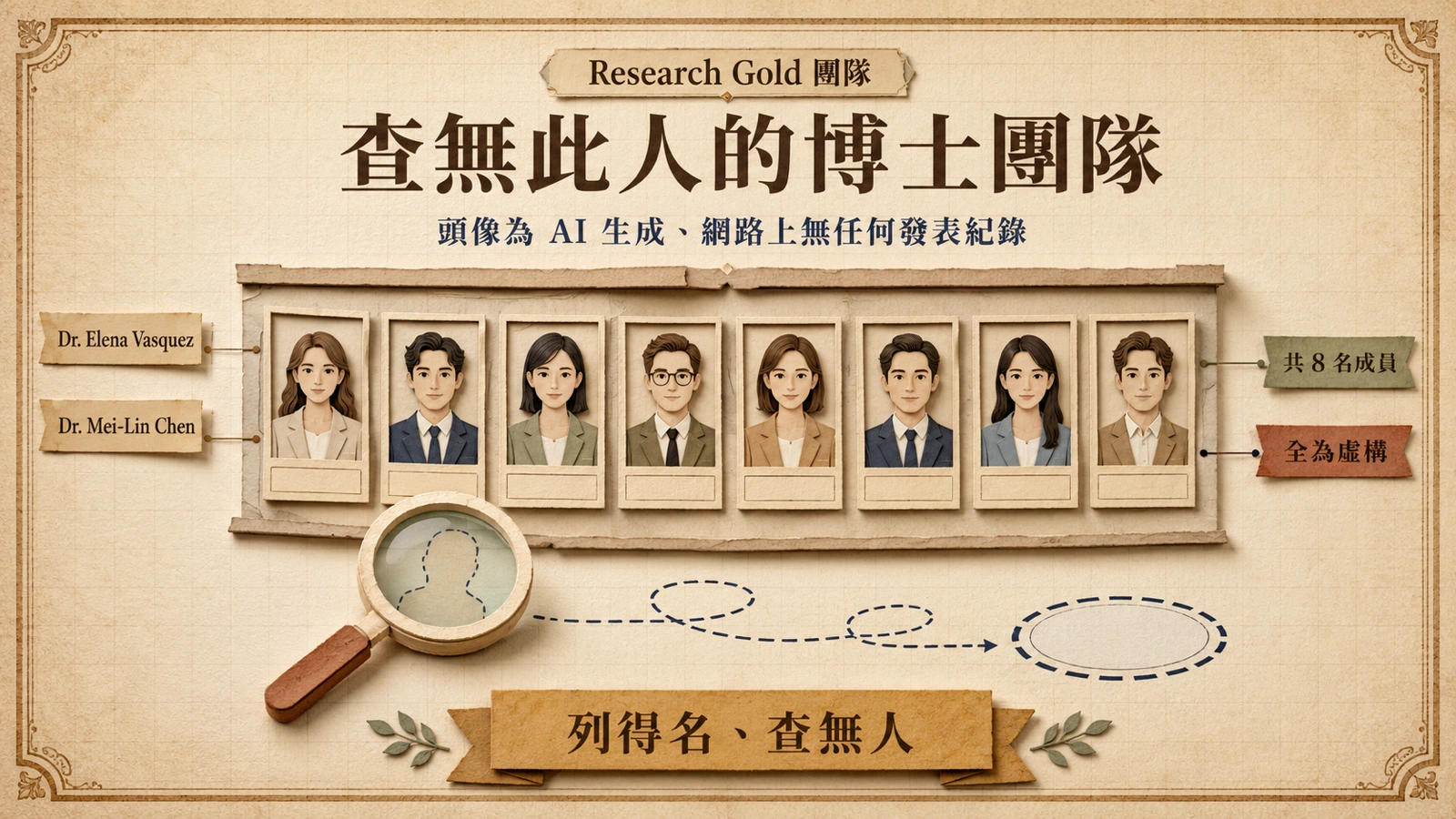 Research Gold 列出的博士團隊全是 AI 生成的虛構人物，頭像與履歷在網路上查無任何發表紀錄。