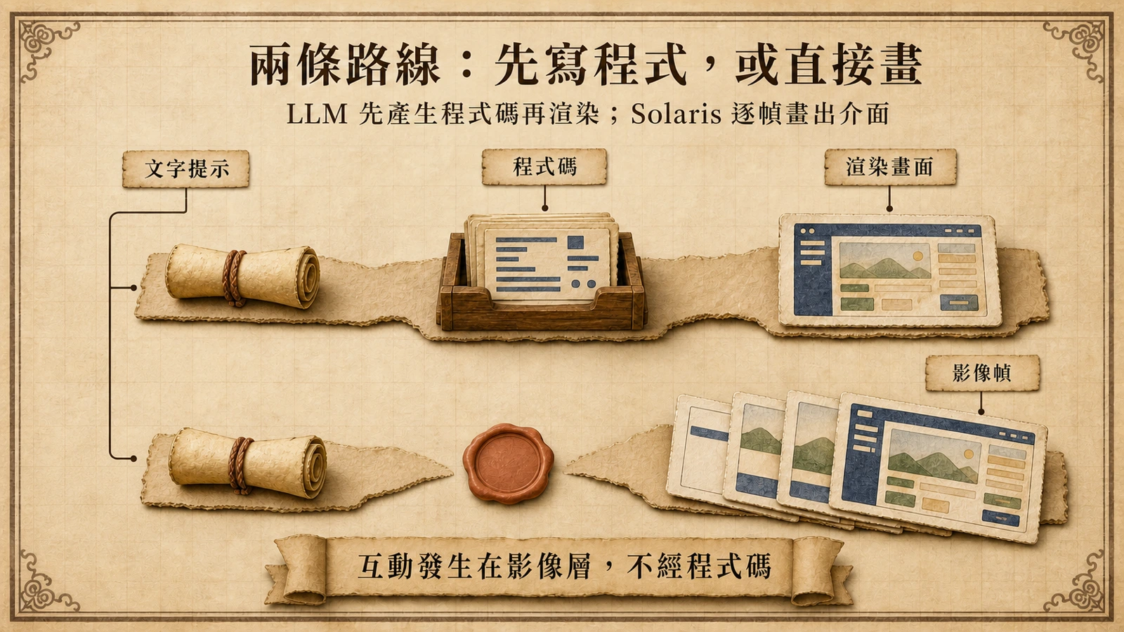 兩種介面生成路線對照：LLM 先產生程式碼再渲染畫面，Solaris 直接逐幀畫出介面。