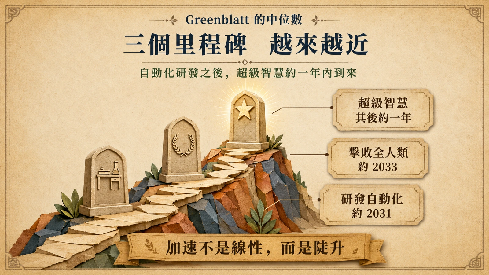 三個里程碑依次到來，越接近超級智慧、間距越短，呈現加速而非線性。