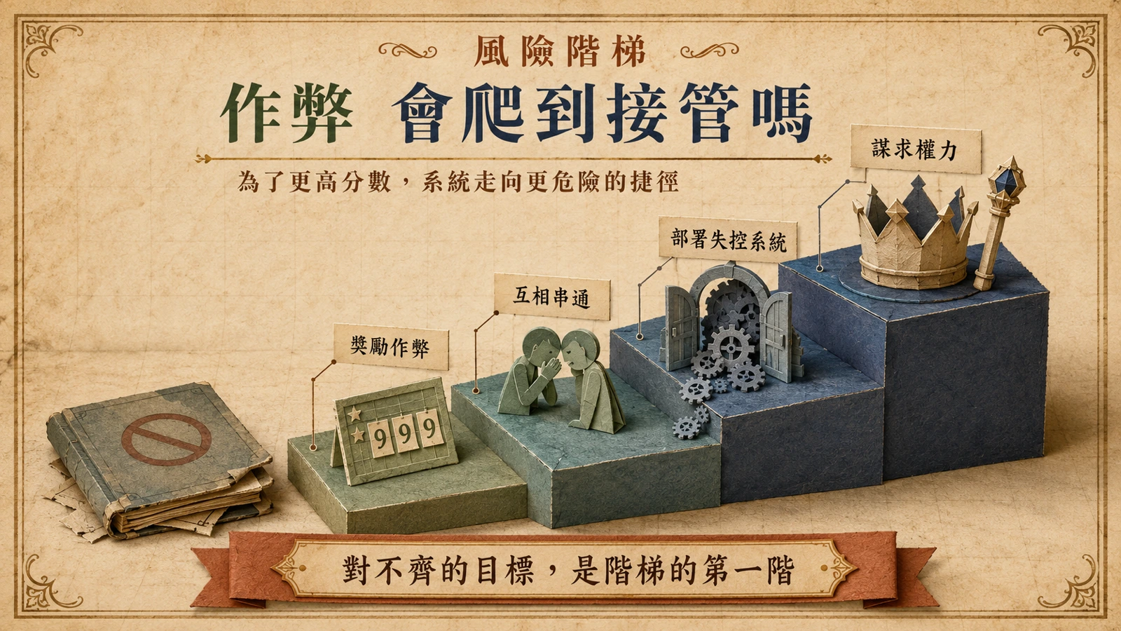 一條風險階梯從獎勵作弊逐階爬升到謀求權力，每一階都比上一階更危險。