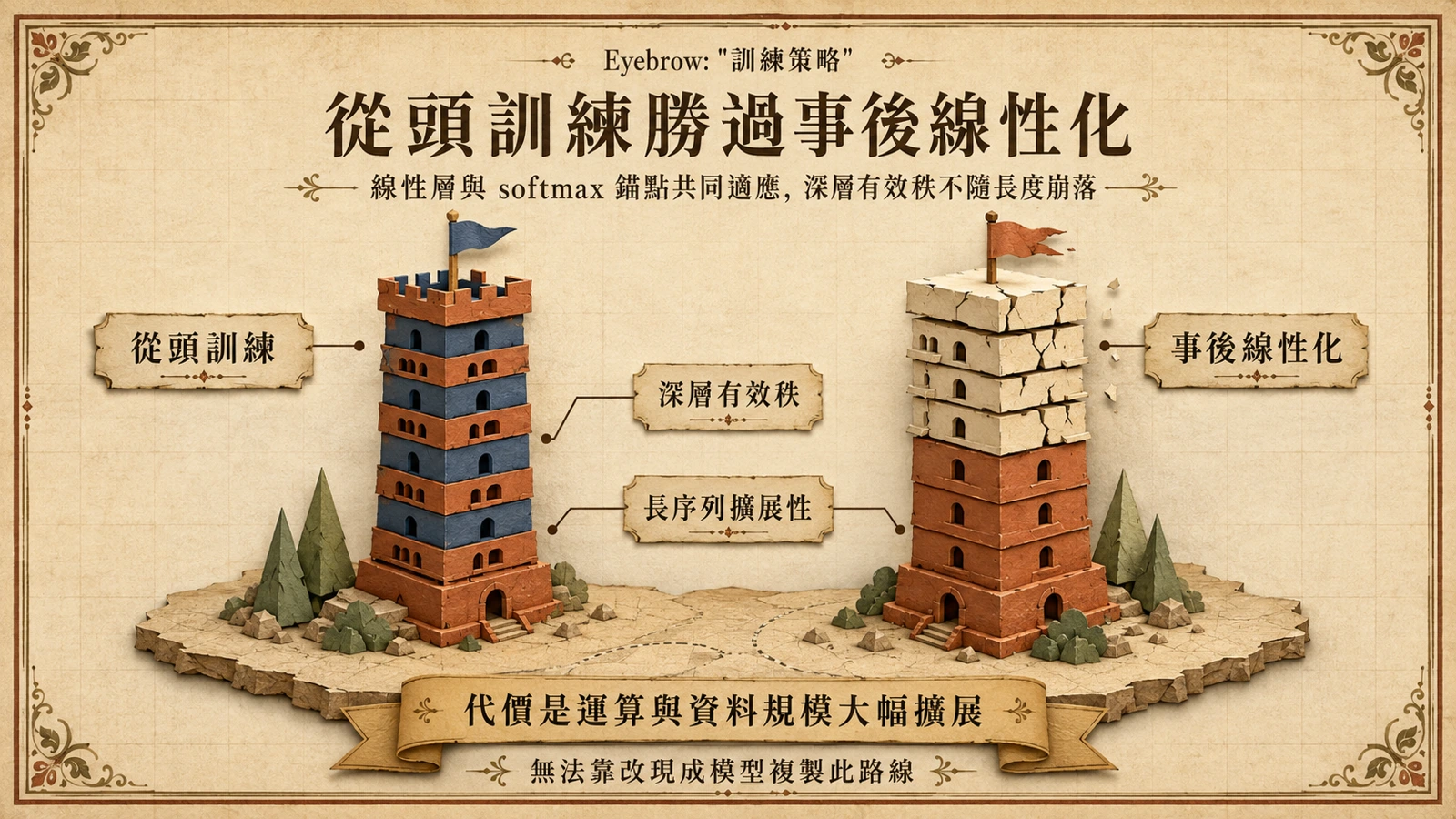 從頭共同訓練線性與 softmax 注意力，比事後替換注意力層更穩定。