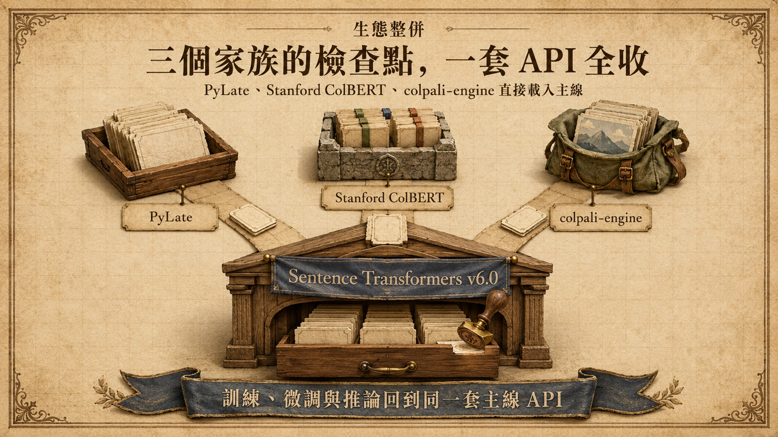 PyLate、Stanford ColBERT 與 colpali-engine 三個來源的檢查點,經同一套 API 匯入主線函式庫的示意。