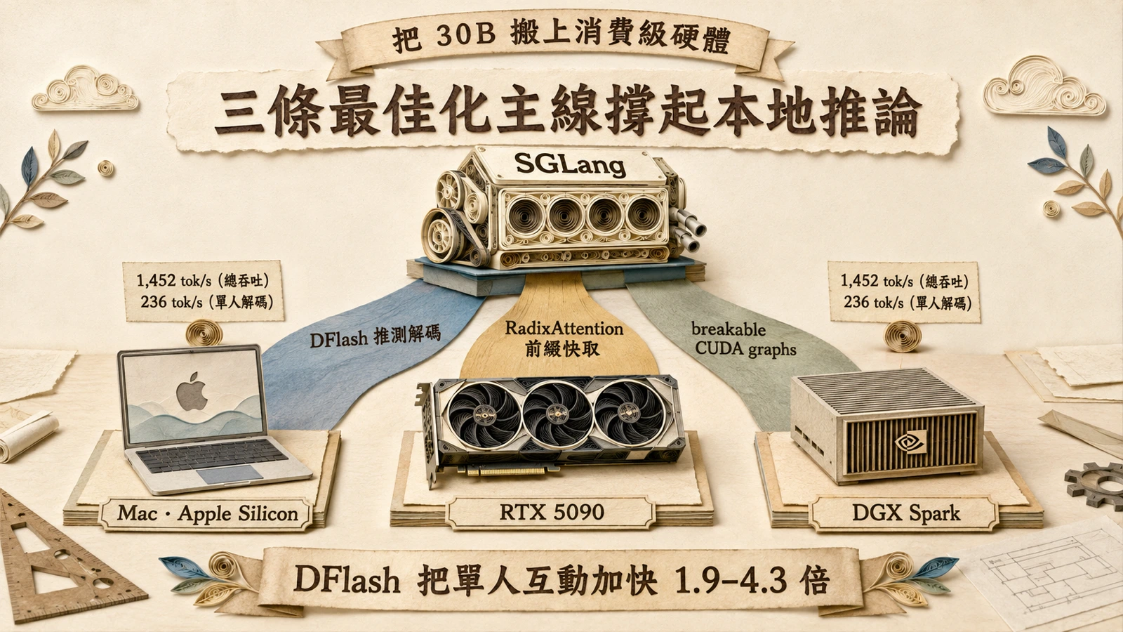 SGLang 以 DFlash 推測解碼、前綴快取與 CUDA graphs,把 30B 的 Muse Glimmer 推上 Mac、RTX 5090 與 DGX Spark 等消費級硬體。