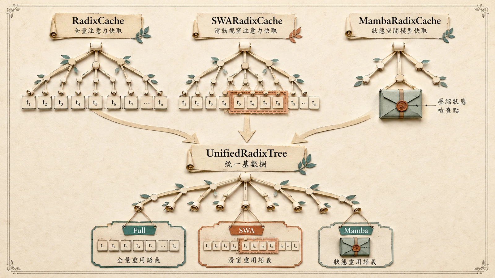 三條紙卷樹（RadixCache、SWARadixCache、MambaRadixCache）向中央收束融合成下方一棵 UnifiedRadixTree，樹幹上掛著 Full、SWA、Mamba 三個小組件。