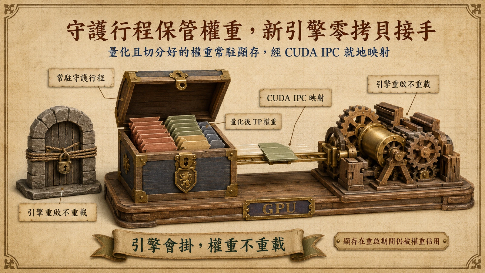 守護行程把量化後的權重常駐在 GPU 上，重啟的引擎經 CUDA IPC 直接映射接手，不再從磁碟重載。