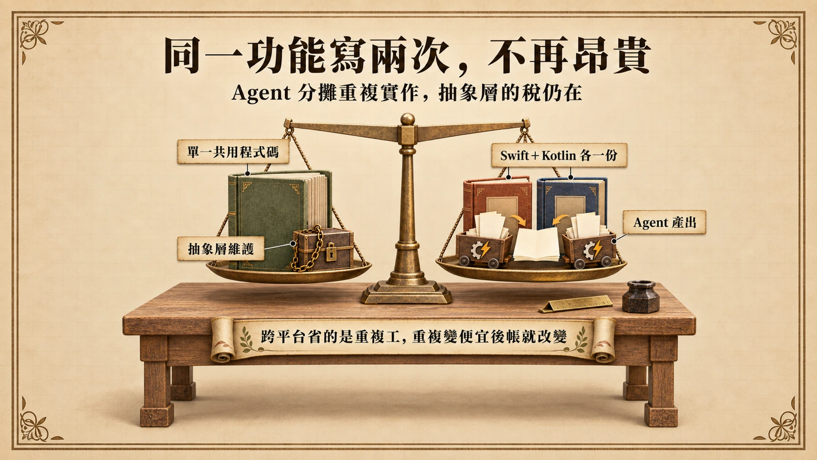 一座天平左端放著一本厚重的共用程式碼書與抽象層維護的小稅箱，右端兩本較薄的原生程式碼書因為有小型智能體工作車不斷補送頁面而變輕，橫桿兩端幾乎水平。