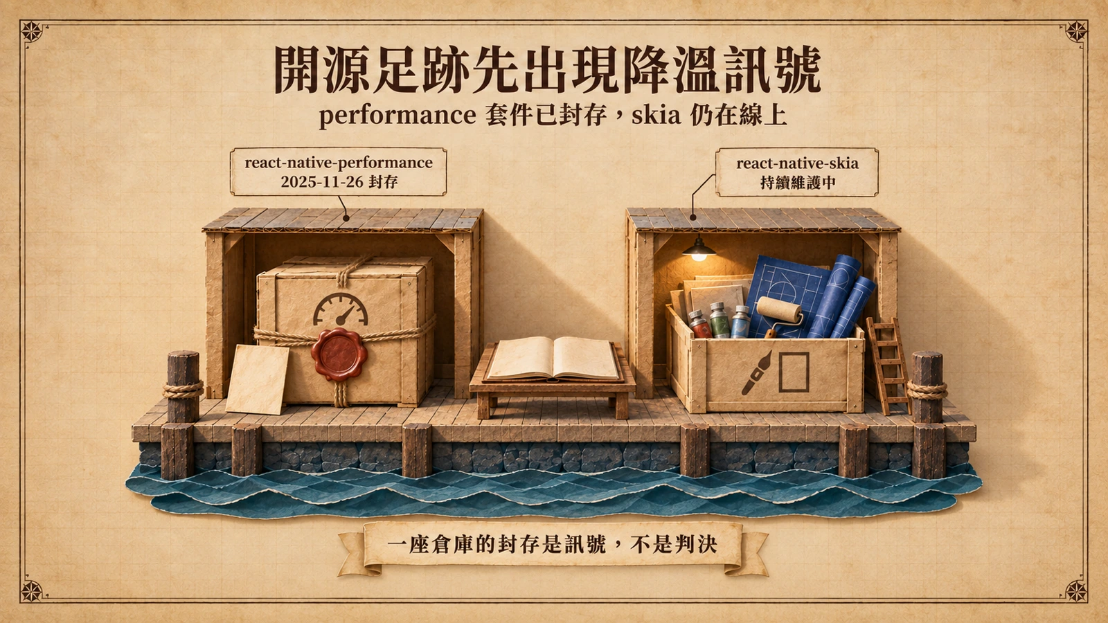 碼頭上兩個貨櫃位：左邊貼著效能儀表圖樣的貨箱已用細繩捆好並蓋上封條，右邊畫筆圖樣的貨箱保持開啟、擺著仍在使用的工具與圖紙，上方工作燈亮著。