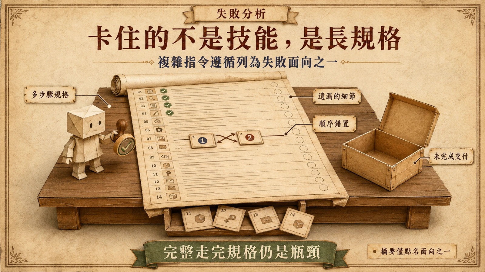 攤開的長規格捲軸列滿步驟細項，智能體只在前段蓋上完成印記，後段的步驟卡散落錯置，交付箱空著。