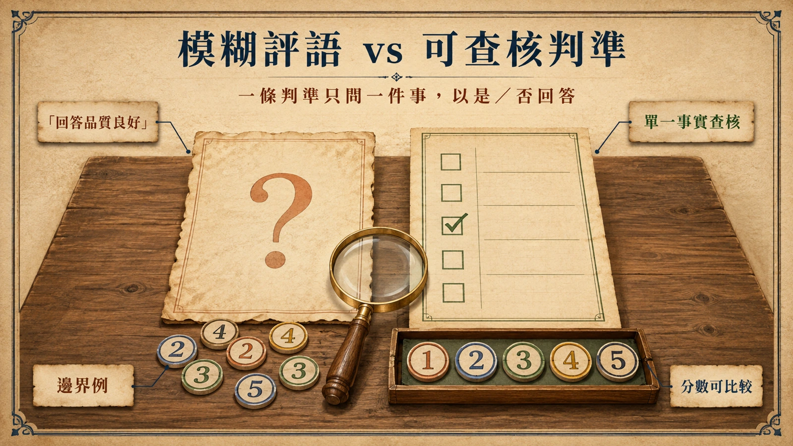 模糊的評語卡與原子化檢核表對比,檢核表上每格都是單一可查核的是非判準。