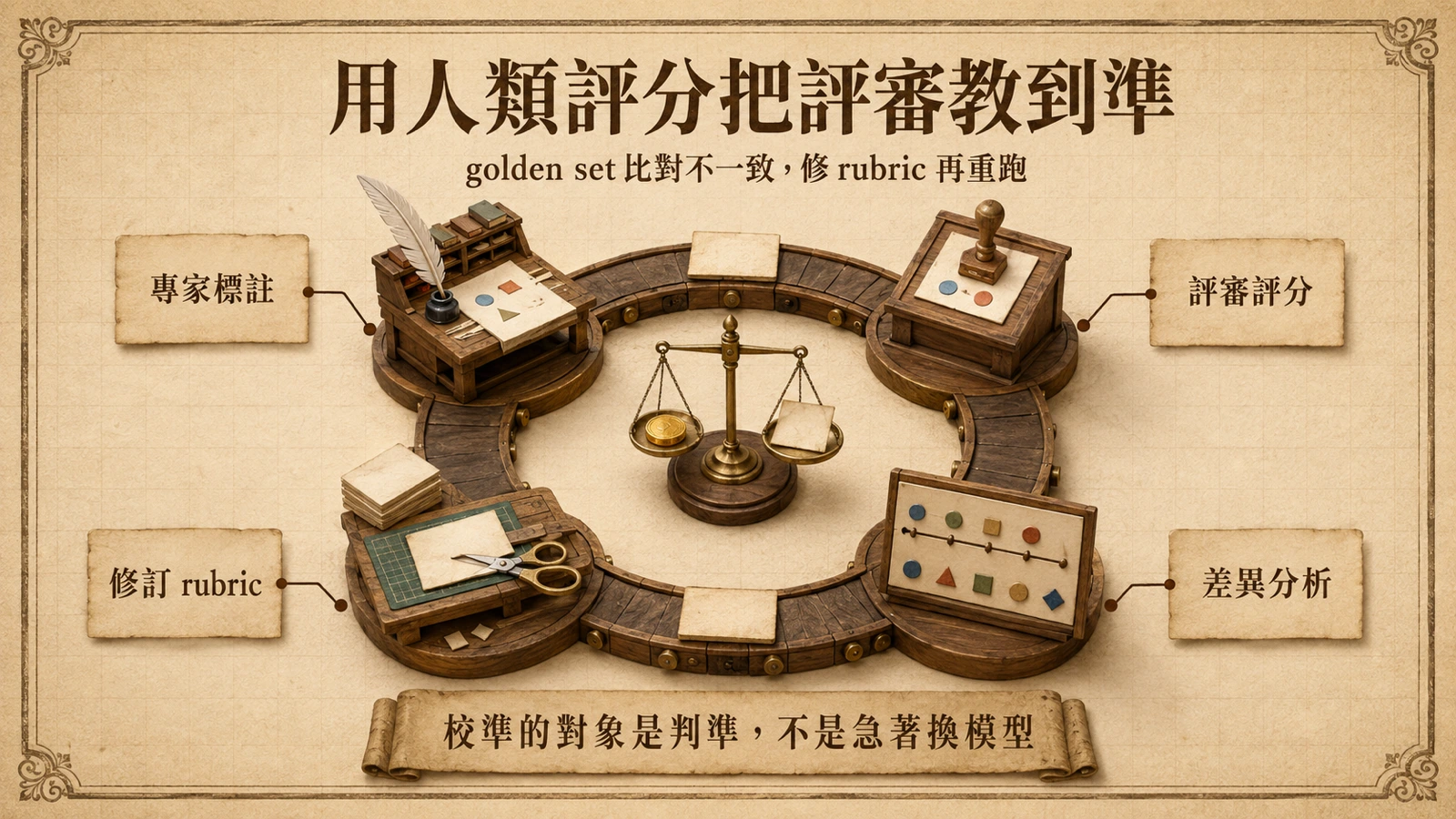 人類標註與 AI 評審分數比對後,回頭修訂評分標準再重跑的循環示意。