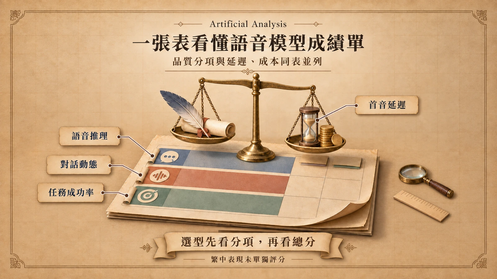 語音模型的成績單同時列出品質分項與延遲、成本等營運數字。