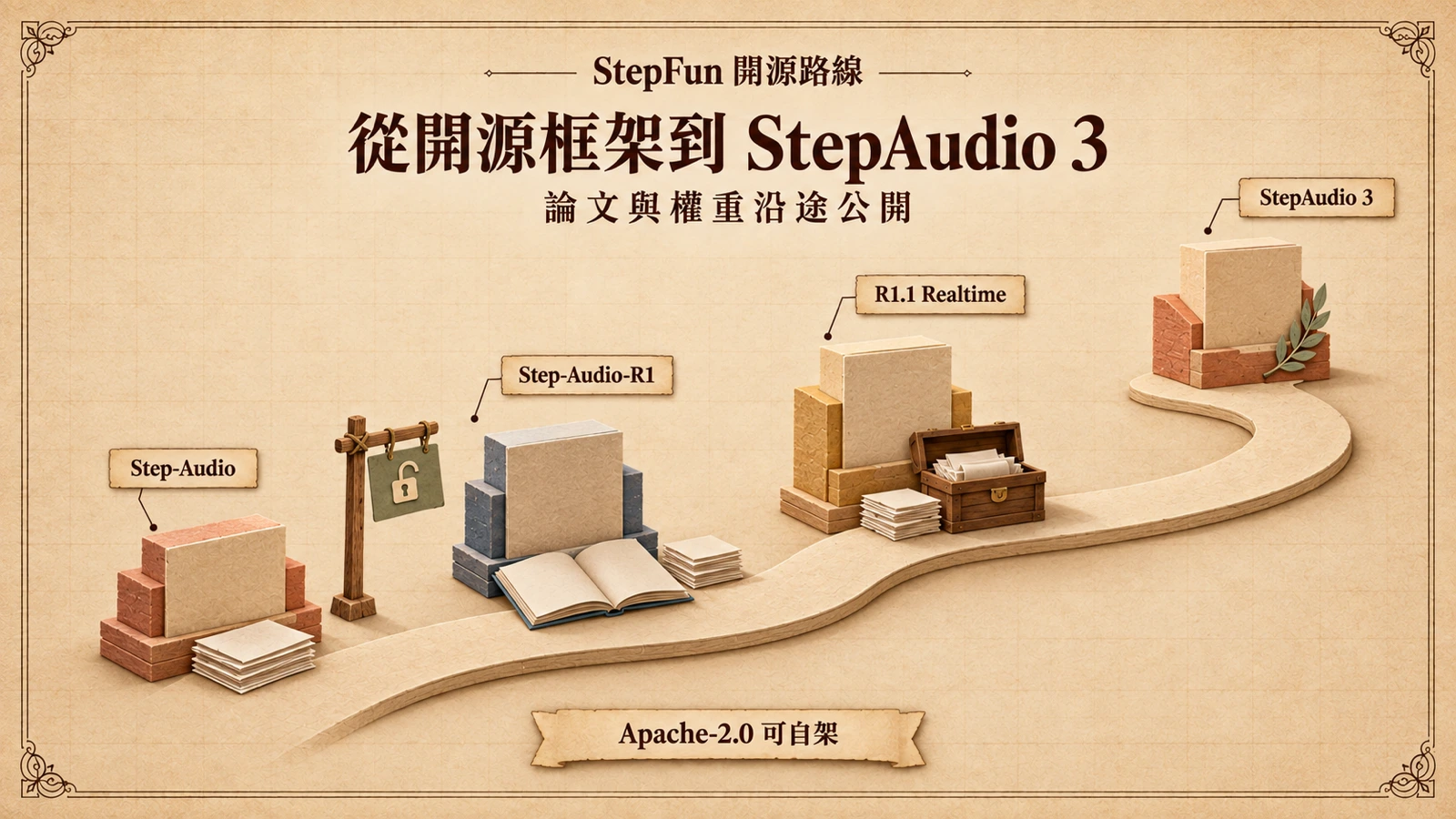 StepAudio 系列從開源框架、音訊推理模型到即時對話版本的演進。