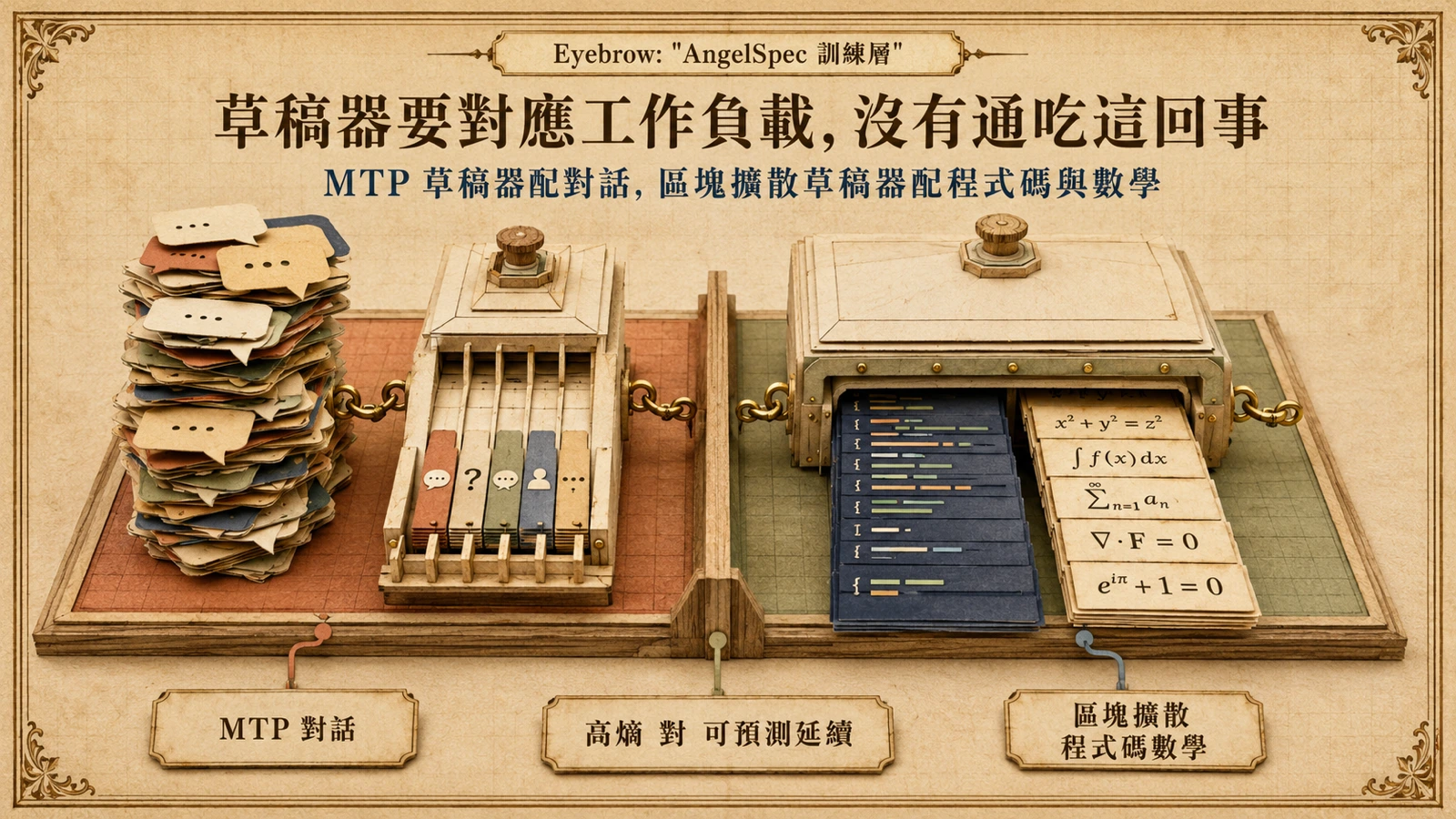 AngelSpec 依任務特性配對草稿器：高熵對話使用 MTP，程式碼與數學使用區塊擴散。