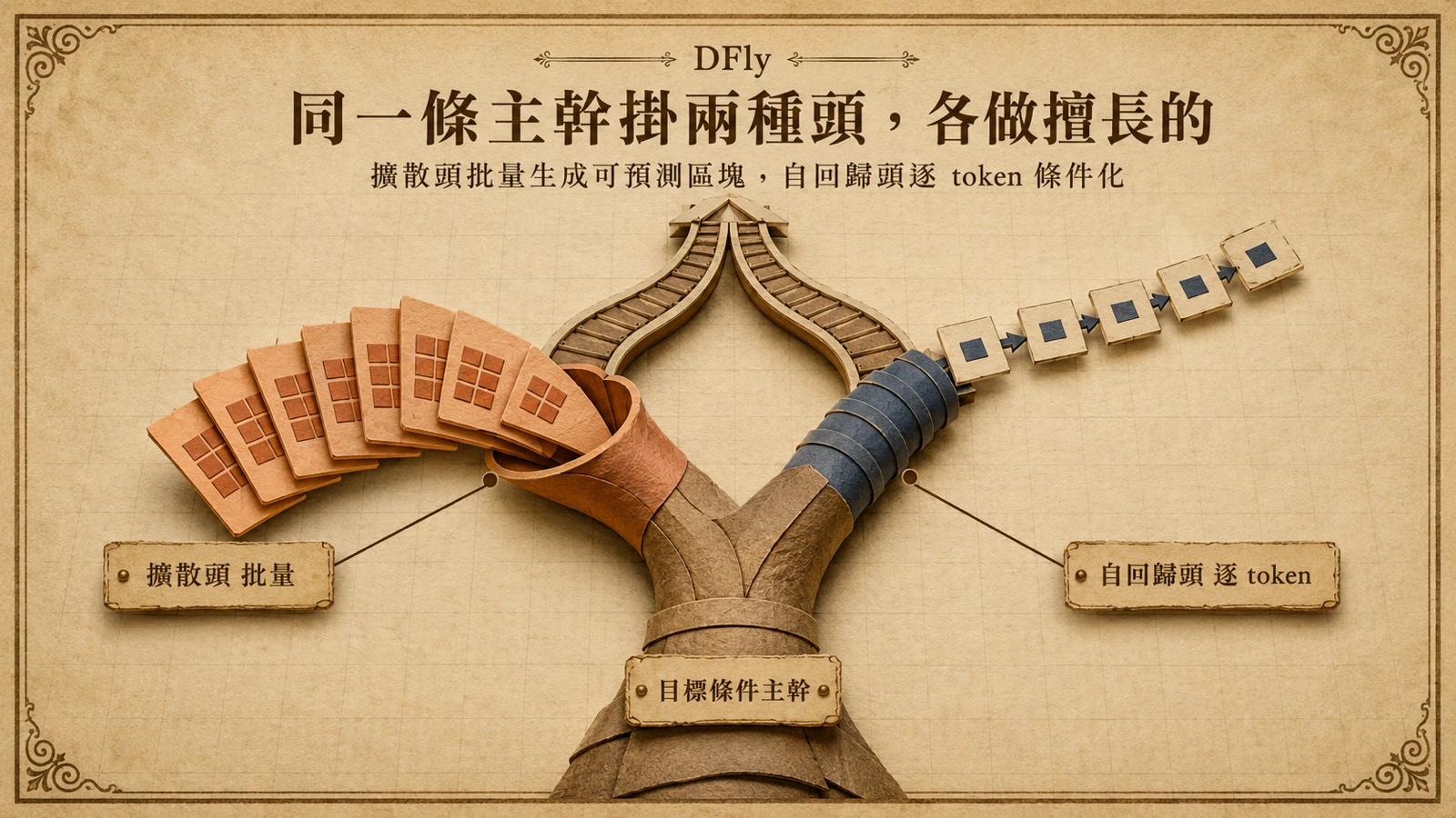 DFLY 共用同一主幹，以擴散頭批次產生候選、自回歸頭逐 token 驗證，再合併輸出。
