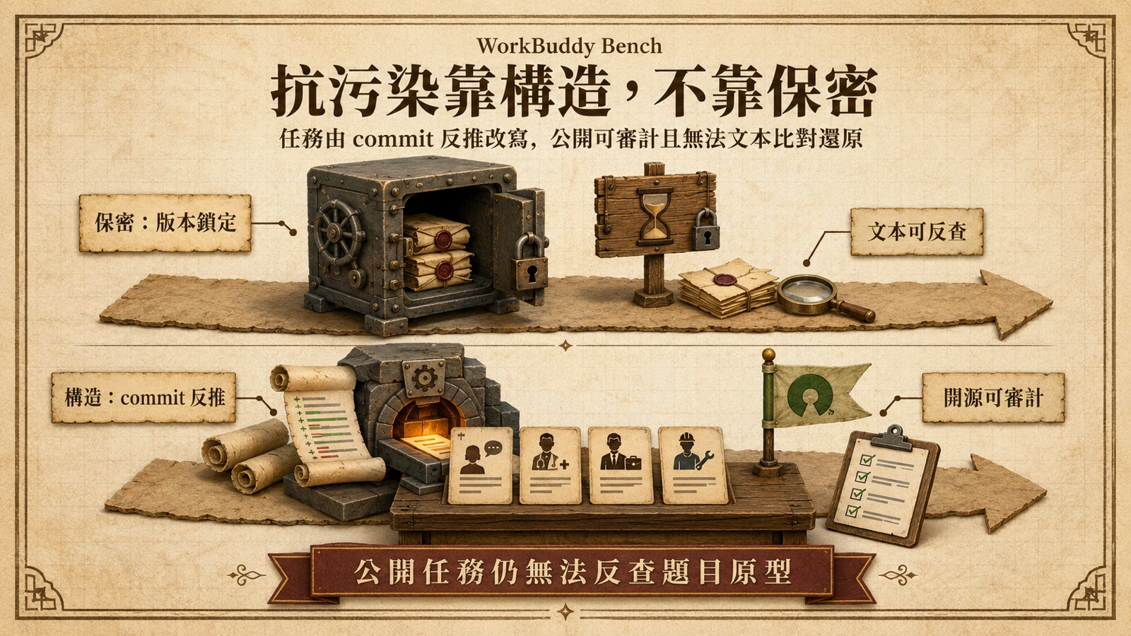 WorkBuddyBench 不依賴保密題庫，而是把公開 commit 差異重建成可審計的角色任務。