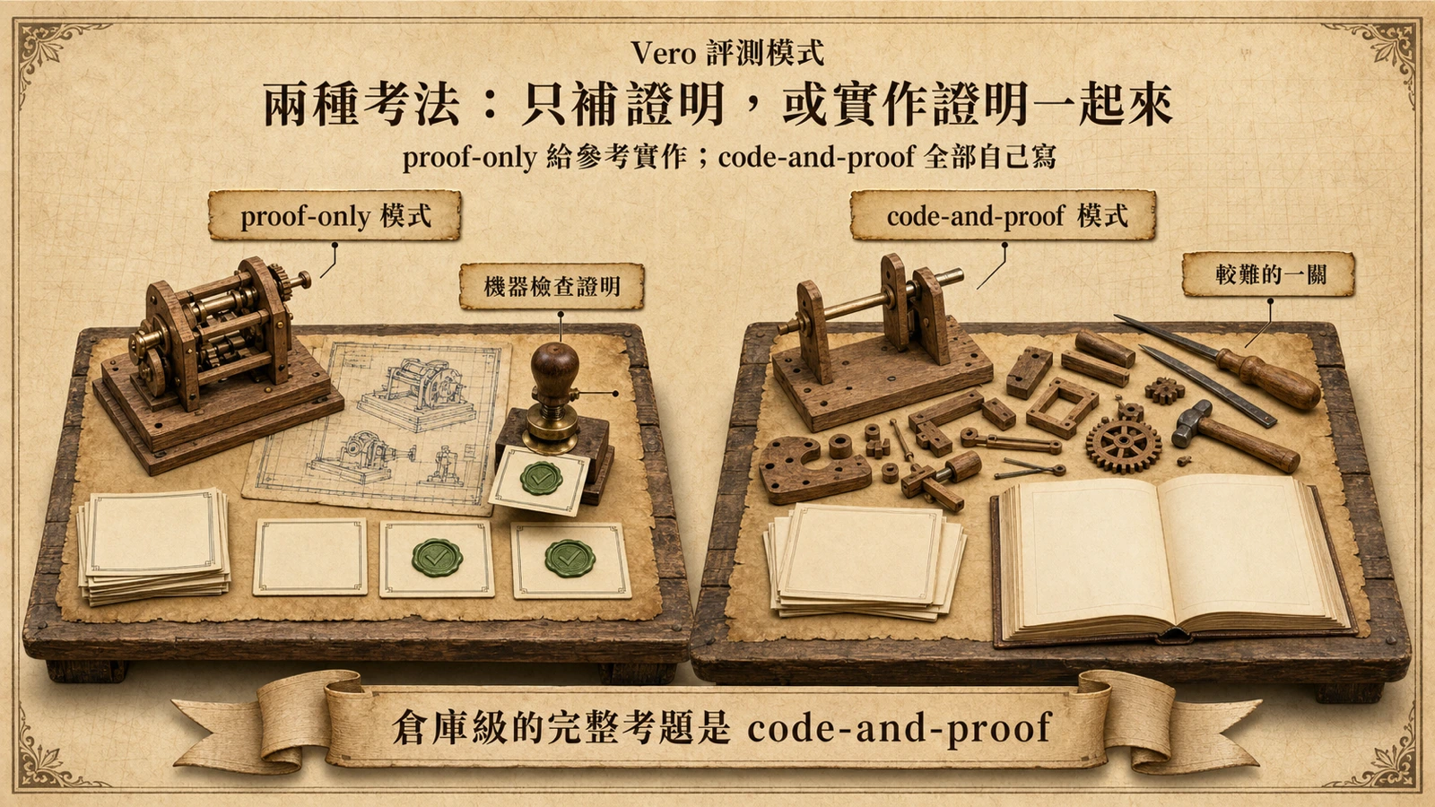 兩條並行的檢驗路線，一條在成品旁補蓋證明封章，另一條從零件與空白卡片從頭打造並同時附證明。