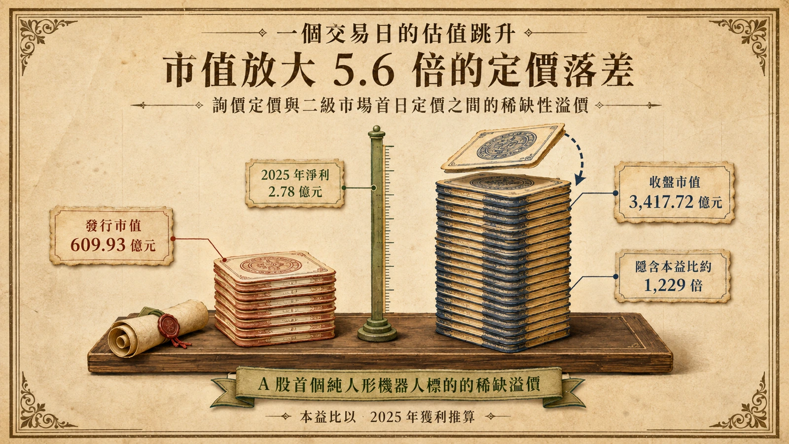 發行市值 609.93 億元與收盤市值 3,417.72 億元的對比，一個交易日市值放大 5.6 倍。