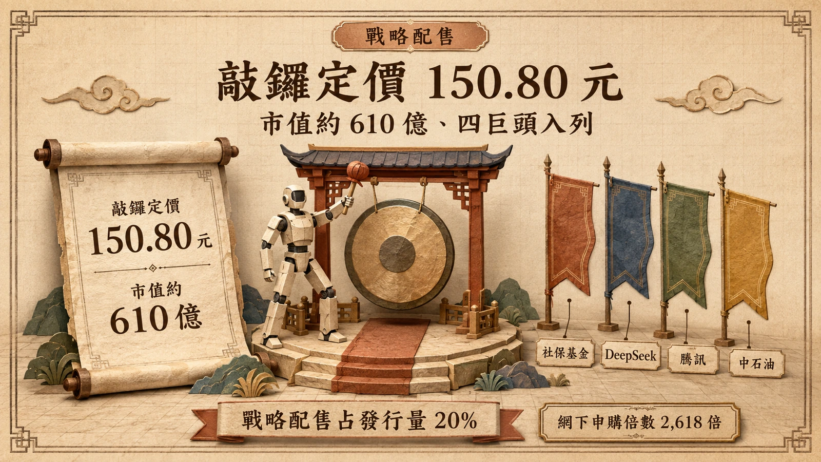 圖①　發行價 150.80 元、發行市值約 610 億元，戰略配售引進四類指標性資本。