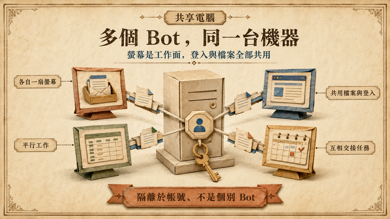 多個具名 Bot 共用同一台雲端電腦，各有自己的螢幕，在群組裡互相交接工作。