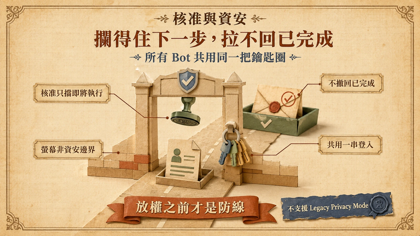 核准只擋即將執行的下一步、無法撤回已完成的工作；所有 Bot 共用同一台工作站與同一串鑰匙。