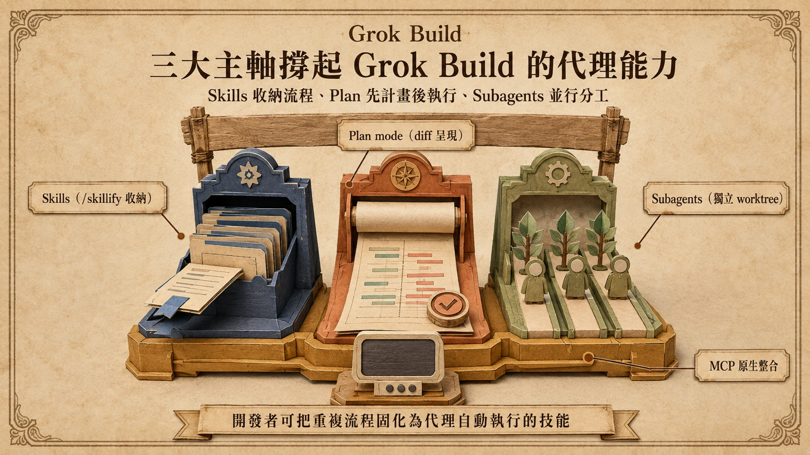 Grok Build 以 Skills、Plan mode 與 Subagents 為三大功能支柱，並透過 MCP 串接外部工具。