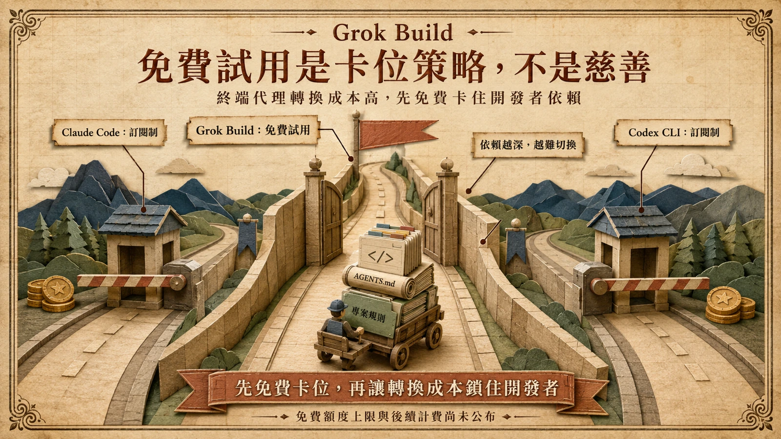 Grok Build 以免費入口吸引用戶，但配置與工作流程累積後，可能提高轉換到 Claude Code 或 Codex CLI 的成本。